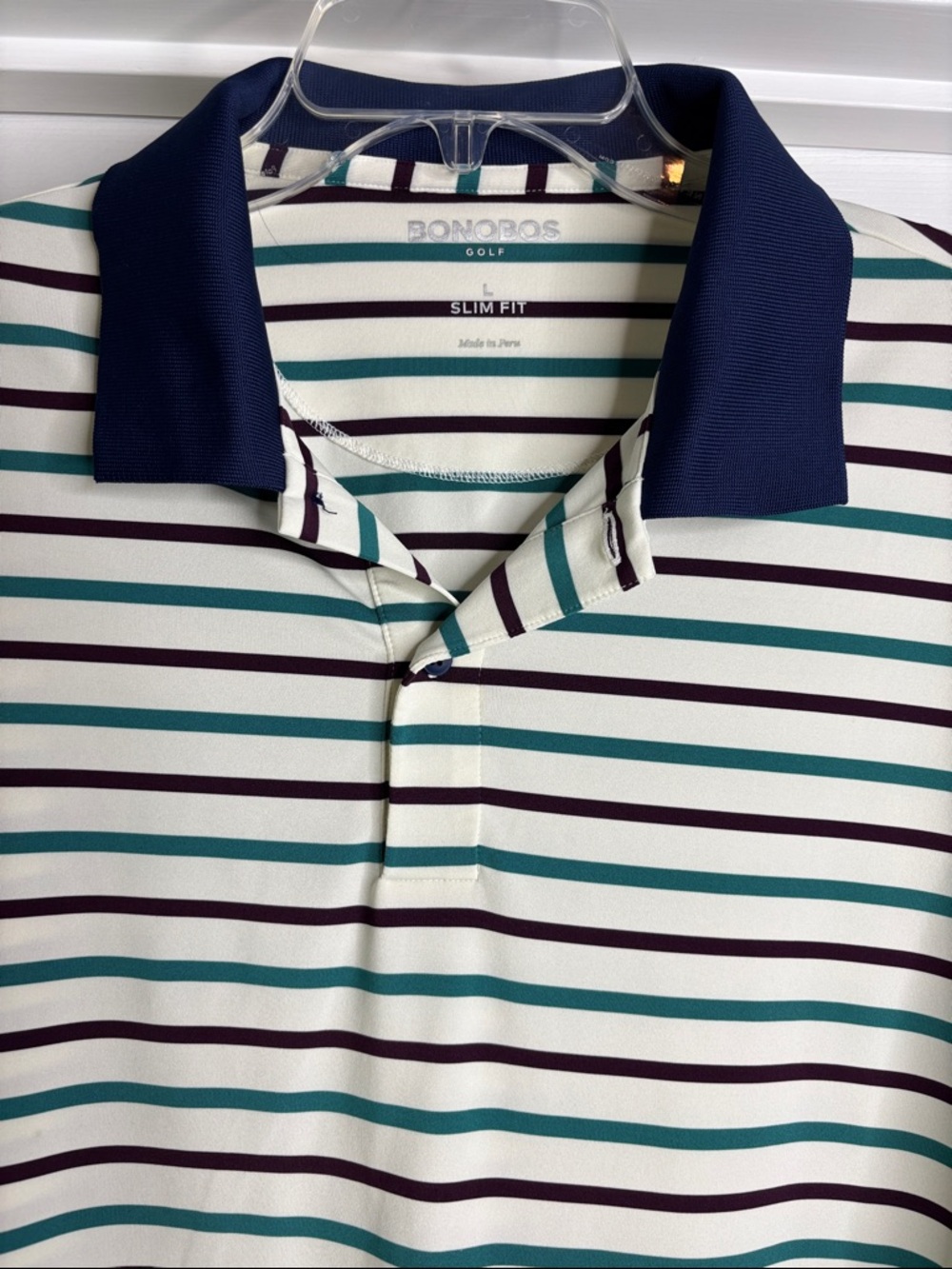 Bonobos Slim Fit Polo in Navy Collar with Teal strips large